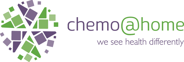 Chemo@home logo with slogan we see health differently and purple-green geometric design.