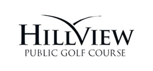 Logo of HillView Public Golf Course with stylized green hills above the text, representing golf and outdoor recreation.