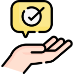Open hand holding a checkmark in a speech bubble, symbolizing support or approval.